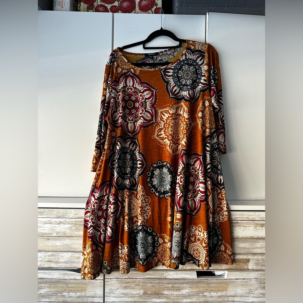 🧡 42 POPS Boho Medallion Print Swing Tunic Dress Plus Size